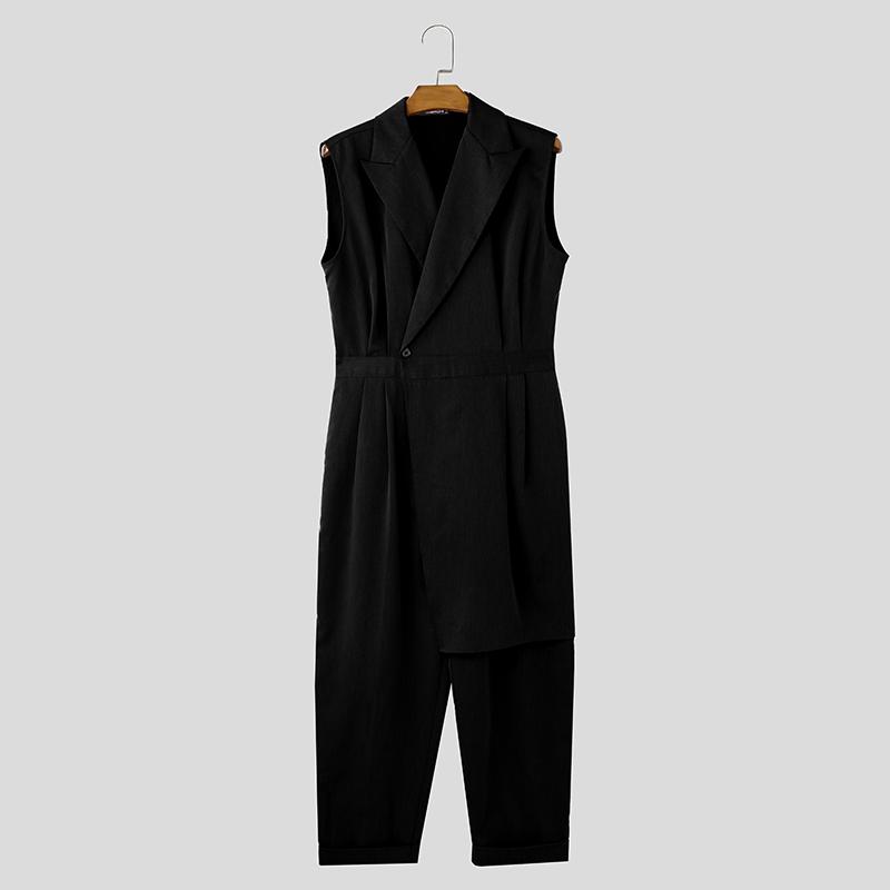 INCERUN Men V Neck Long Sleeve Irregular Layers Zipper Long Jumpsuits Rompers