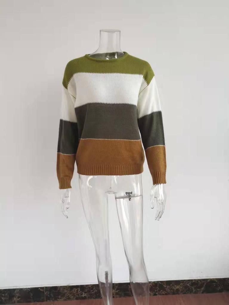 2024 Women's Casual Striped Long Sleeve Knitted Pullover Sweater, Round Neck for Autumn and Winter