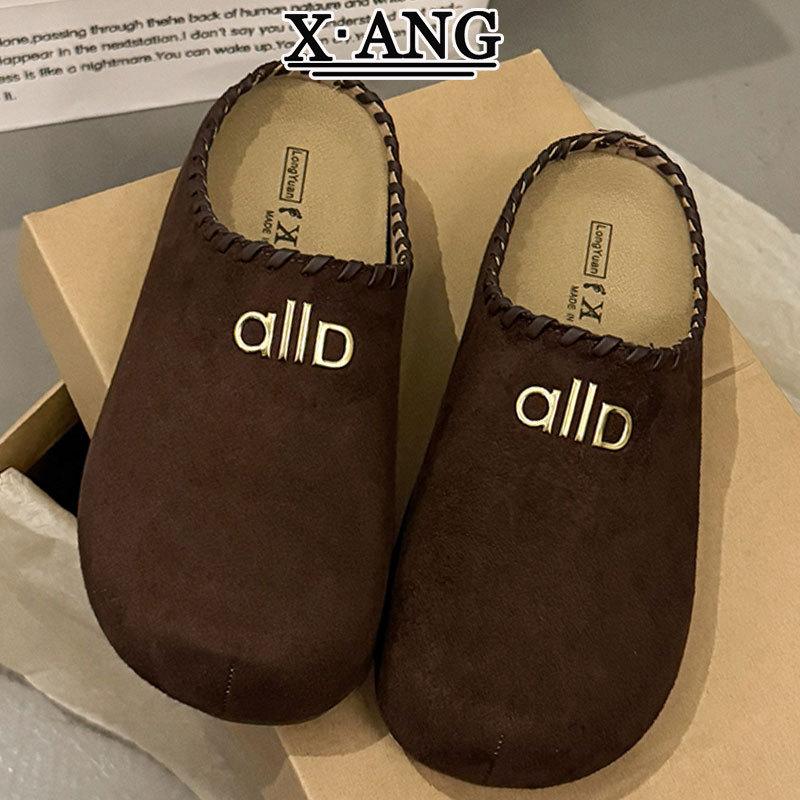 Super soft thick-soled cowhide version outer wear bag head half slippers autumn new one-pedal single shoes children