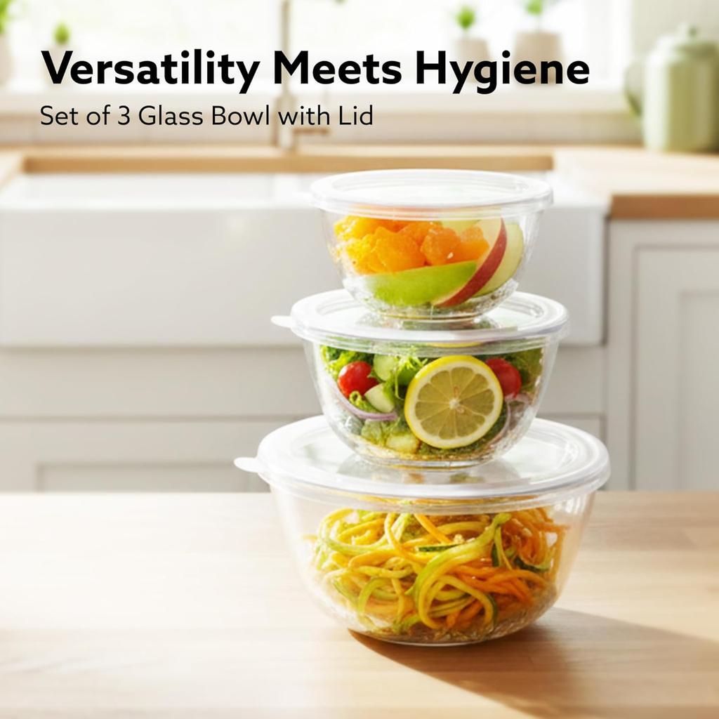 Borosilicate Glass Mixing Bowl with Lid, 3 Pcs Set (500ml, 800ml &1600ml), Serving Bowl, Transparent