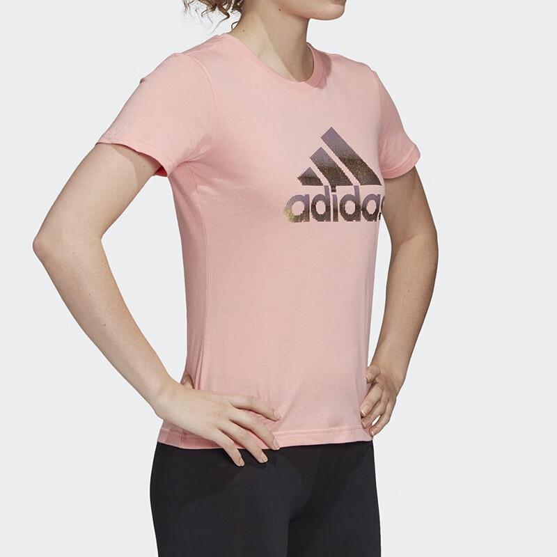 Adidas Alphabet Logo Print Sports Round Neck Short Sleeve T-Shirt Women Tops Pink FJ5013