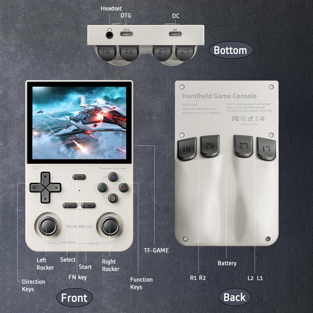 K36 Retro kapesní herní konzole 16000+ her Emuátor pro PS1/PSP/DC/N64/SS 3,5palcový IPS displej Přenosný kapesní video přehrávač 64GB