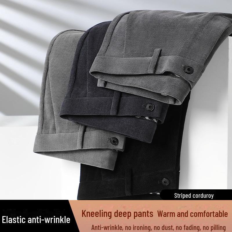 Pantaloni casual groși de catifea reiată de înaltă calitate pentru bărbați - Toamnă/Iarnă, Drepți, Largi, cu Plus de Catifea, Pantaloni Business cu Drapeu