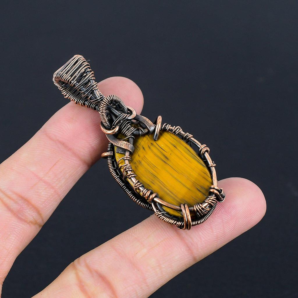 Tigeröga 999 koppartrådslindat hänge, handgjort ädelstenshänge, present till mamma antika smycken