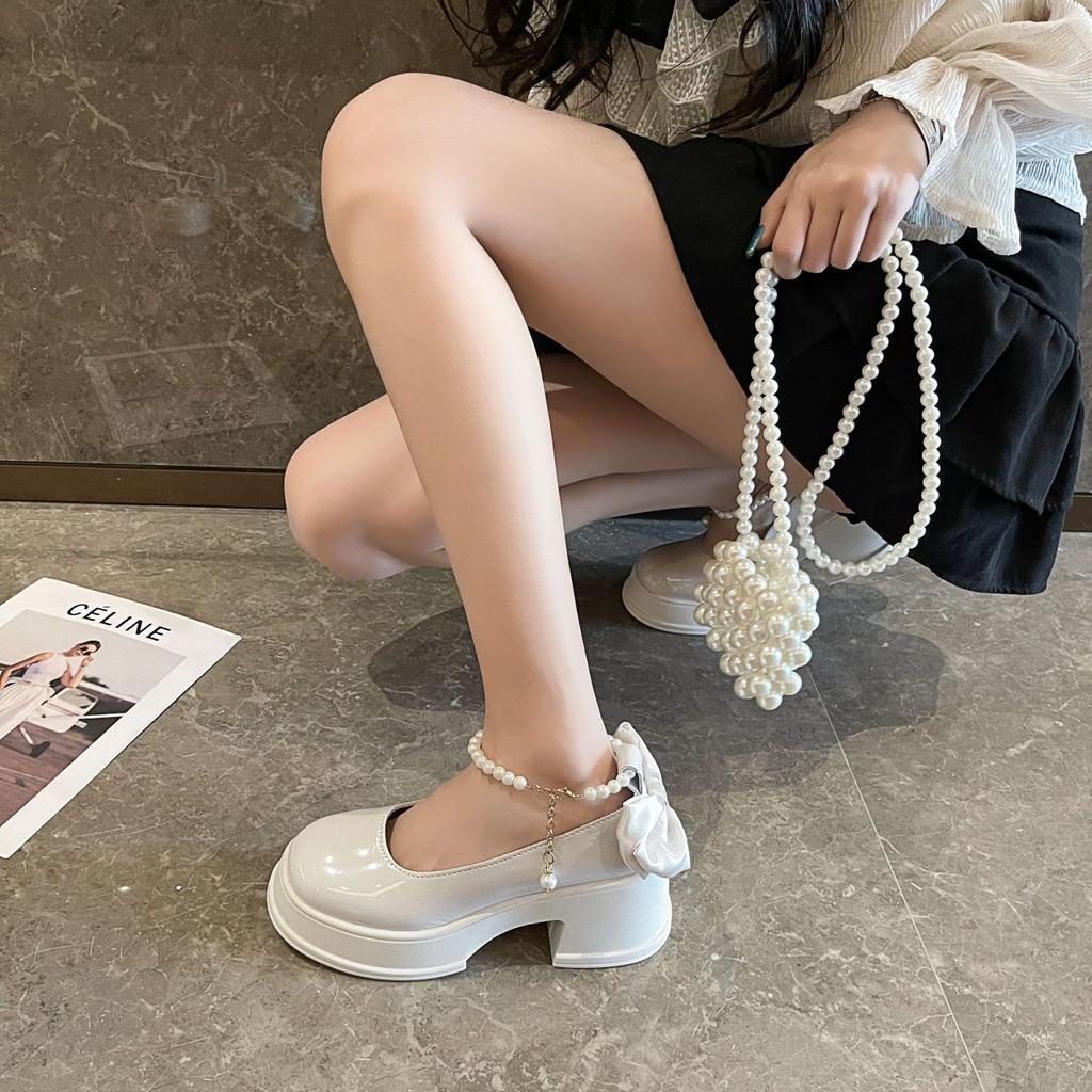 Fairy style small leather shoes white with skirt high heels single shoes French thick heel Mary Jane women's shoes 2025 summer and autumn new models