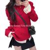 Red Argyle Cable Knit Sweater with Bee Embroidery and Bubble Sleeves