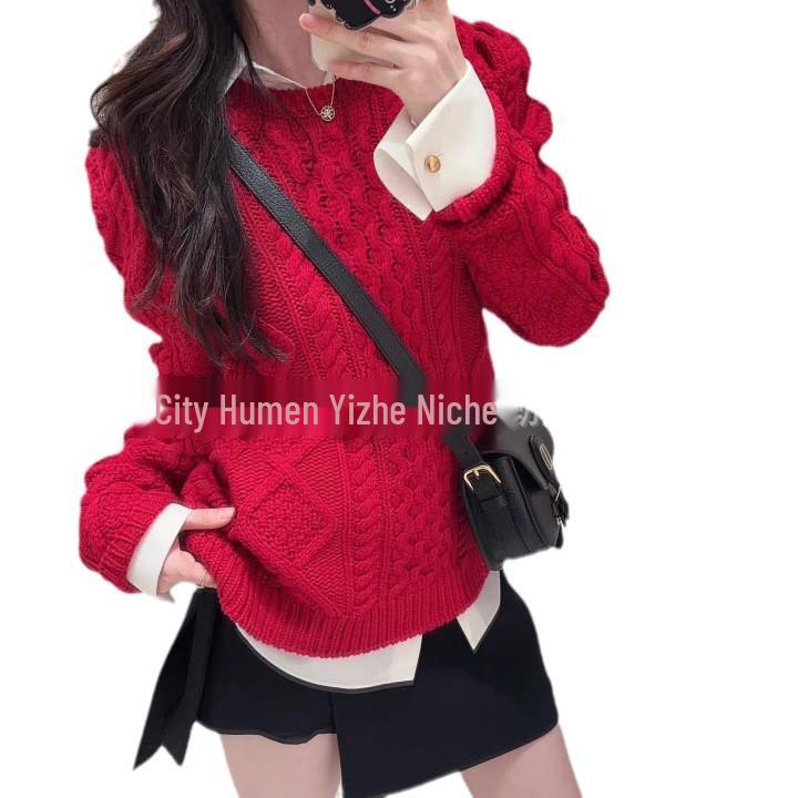 

Красный свитер с ромбовым узором, вязаный косами, с вышивкой пчелы и рукавами-пузырями S красный