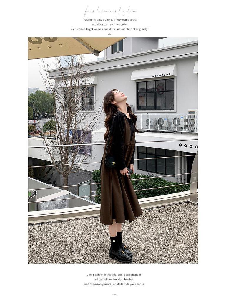 Khaki Faux Two-Piece Spliced A-Line Dress - Women's Mid-Length Spring 2025 French Sweet Style Pinafore Dress