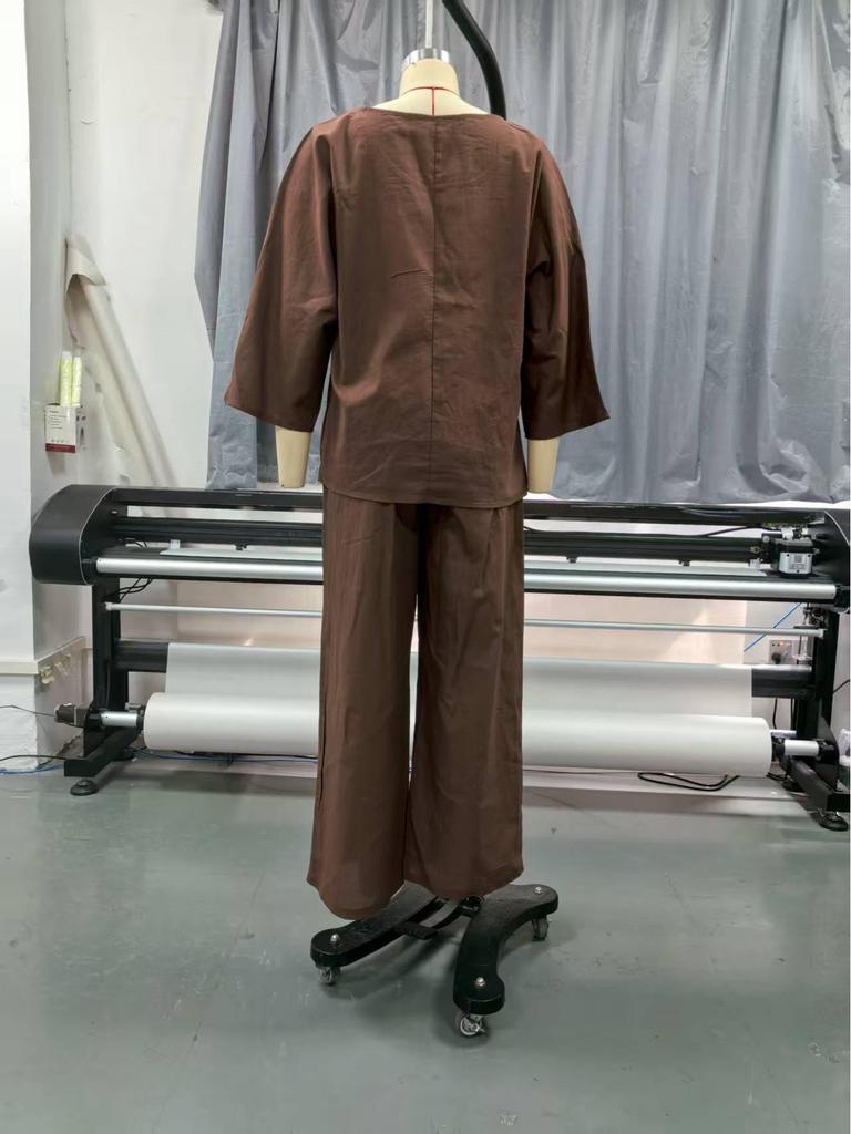 2025 Cross-Border Women's Solid Color Round Neck Linen-Cotton Top & Casual Lace-Up Loose Pants Set