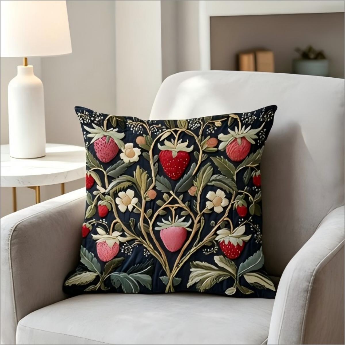 Exquisite Ornaments Unisex William Morris Style Strawberry Vine Print Throw Pillow Cover, Vintage Botanical Floral Decorative Cushion For Sofa Couch