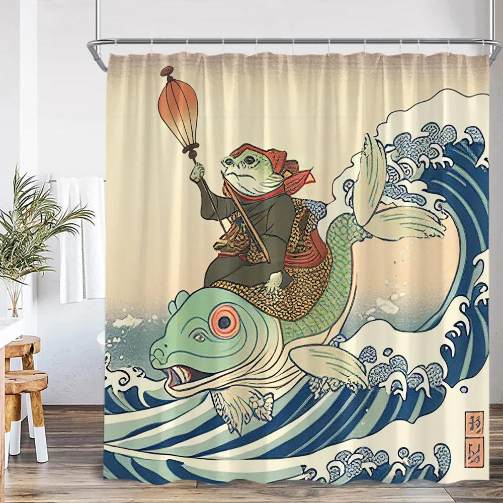 Japanese Style Shower Curtains Toad Master Frog Sea Waves Koi Cherry Blossom Bathroom Decorations Vintage Japan Bath Curtain