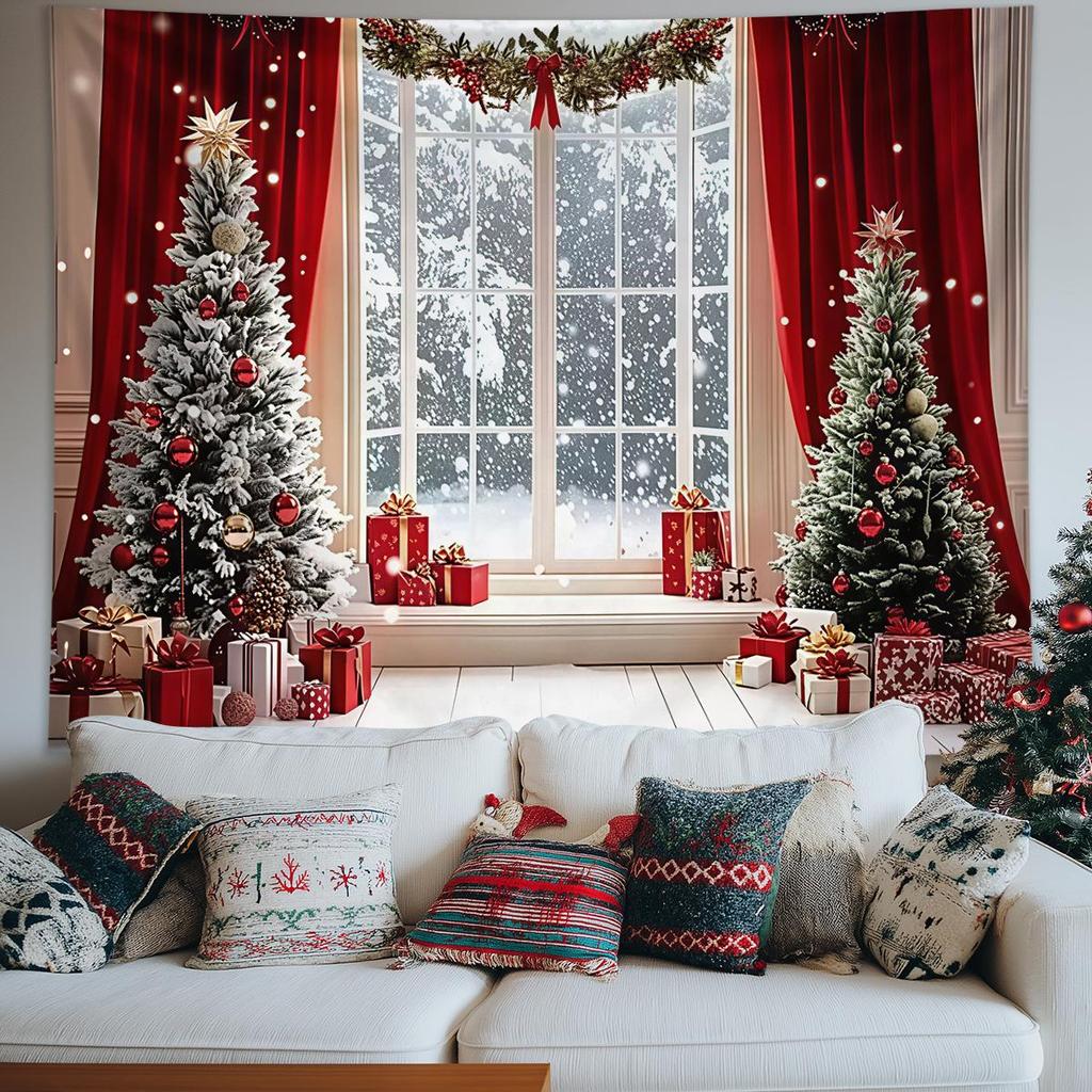 Christmas Tapestry Fairy Lights Christmas Tree Snowy Window Scene Red Curtains Christmas Event Backdrop Background Cloth
