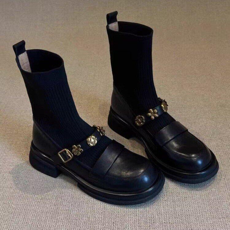 Soft Leather Version~ French Retro Camellia Platform Socks Boots Knitted Thin Boots Versatile Round Head Martin Boots Short Boots Women
