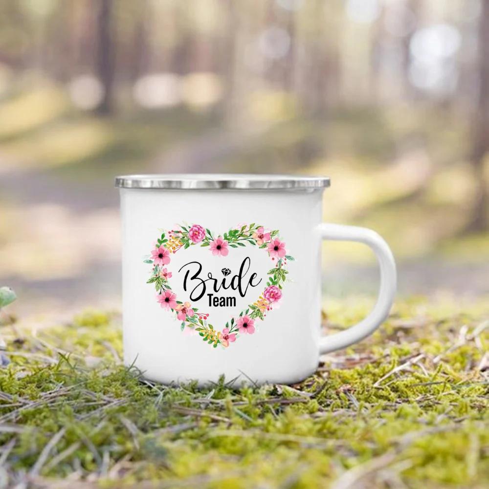 Bride Team Flower Print Enamel Mug Bachelorette Party Wine Juice Cup Bridesmaid Gift Coffee Cups Bridal Wedding Shower Gifts