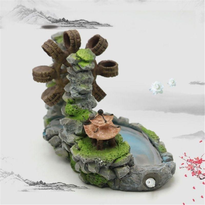 Resin Rockery Waterwheel for Fishtanks Aquariums Landscape Decoration with Pavilions Fish Shrimp Shelter Cave Decoration