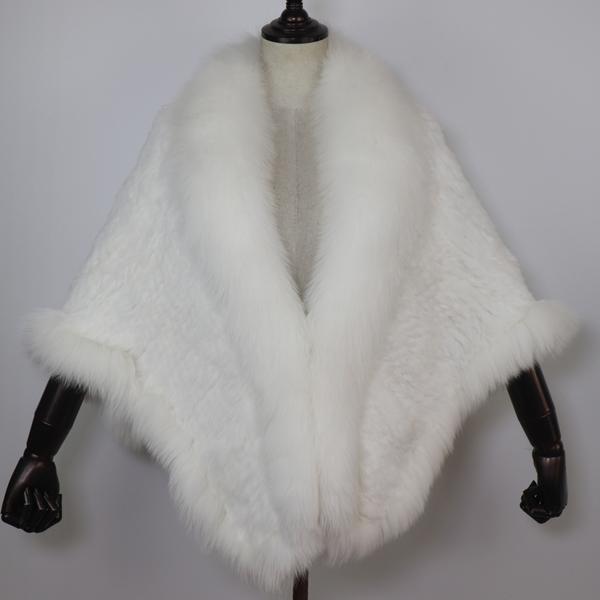 

Женская шаль-шарф из натурального кроличьего меха с воротником из лисьего меха, зимний теплый вязаный кроличий меховой пончо, модные аксессуары для вечеринки для девочек bust 90cm-110cm белый