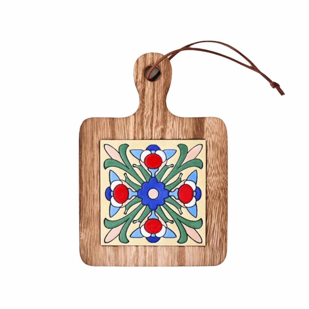 Retro Wood Ceramic Tile Floral Casserole Mat Japanese Style Solid Wood Coaster Restaurant A