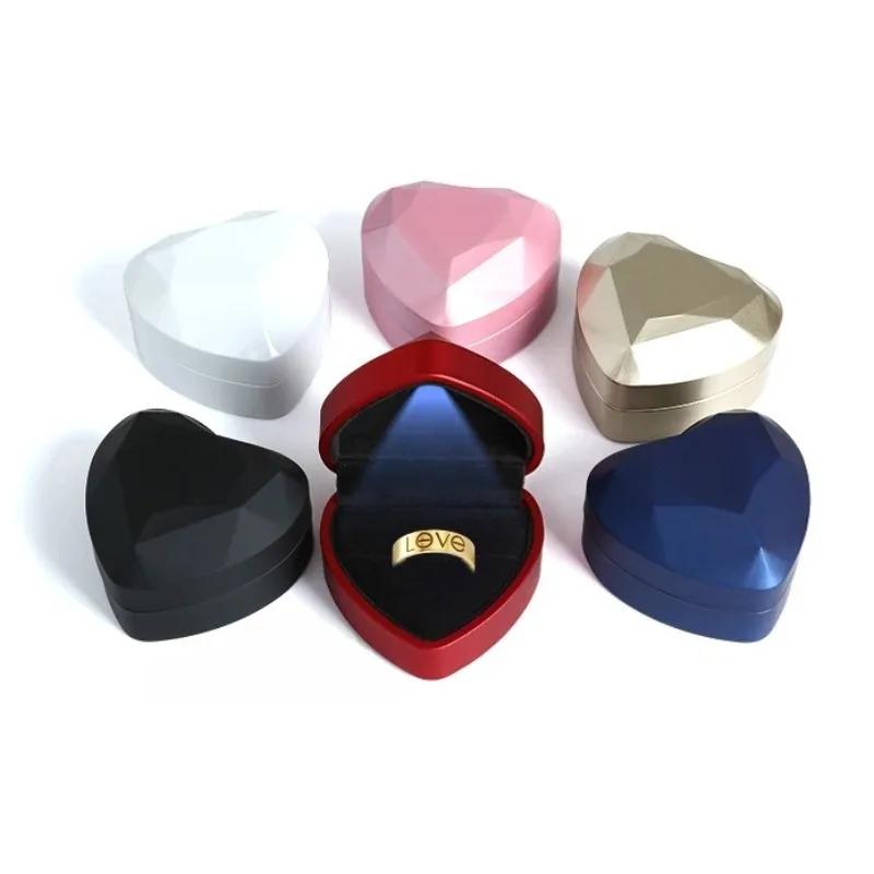 Heart LED Light Ring Box, Velvet Jewelry Display Gift Storage Case Wedding Engagement Proposal Anniversary Boxes