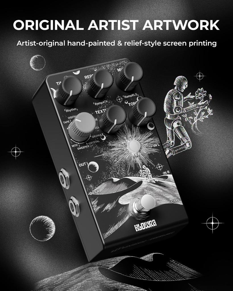 Klowra Everlast Delay Pedal for Electric Guitar - 2025 Edition Digital Guitar Effect Pedal with 9 Stereo Delay Types, Tap Tempo, True Bypass, Analog