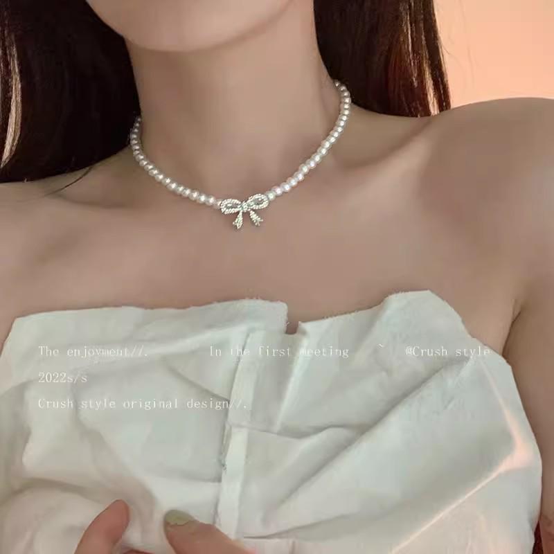 Elegant Pearl Bow Zircon Choker Necklace - Light Luxury Summer Clavicle Chain for Women