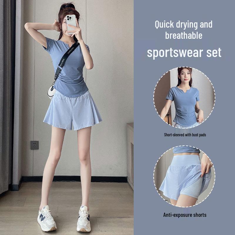 Women's Summer 2025 Quick-Dry Sports Suit: Fashionable Gym & Yoga Outfit with Anti-Exposure Shorts for Morning Runs.