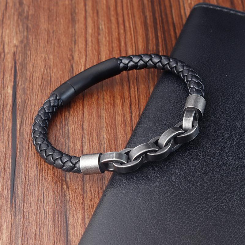 Landy American Vintage Leather Bracelet Stainless Steel Fashion Trendy Accessories Black Gun Plated Lock Twisted Bracelet