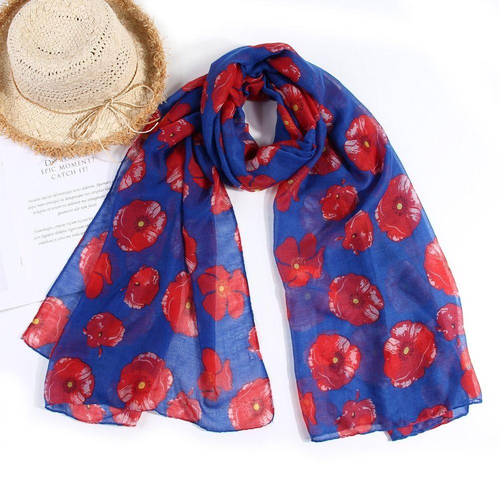 Colorful Poppy Print Scarf 180*90cm Smooth Poppy Floral Shawl Breathable Cotton Voile Poppies Floral Wrap for Women Ladies