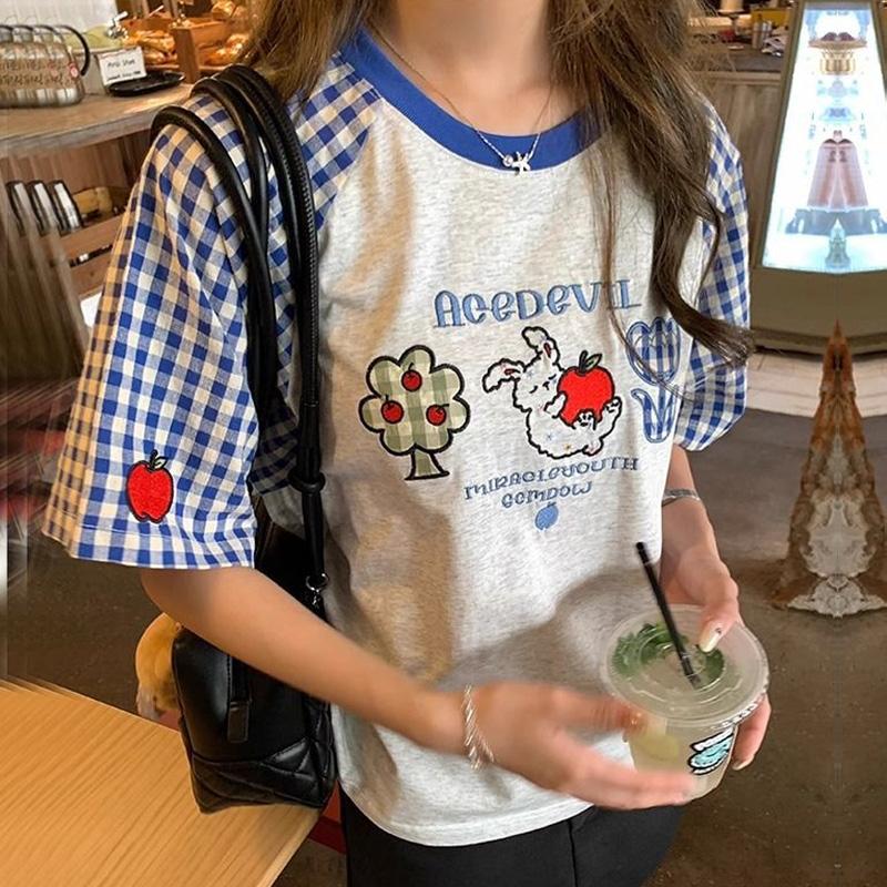 

Винтажная клетчатая строчка женские футболки 220 г чистый хлопок короткий рукав y2k топы повседневные свободные уличные женские летние футболки XXL