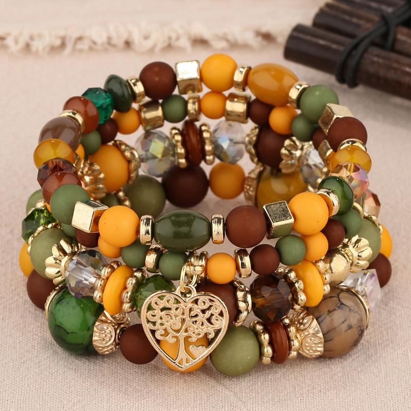 Bohemian Heart Tree Charm Bead Bracelets Set New Statement Multilayered Bracelets Pendant Charm Stretch Bangles Female Jewelry