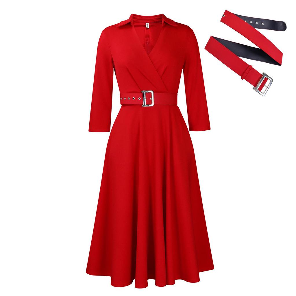 Women's Spring Lapel Solid Color High Waist Elegant Large Size Dress
