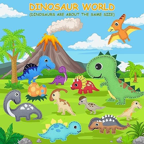 Kinder Nähset 14 Teile Dinosaurier Filz Bastelset, DIY Anfänger Nähset mit Füllwatte Garn Schere, Pädagogisches Kreatives Kunstgeschenk für Jungen Mädchen
