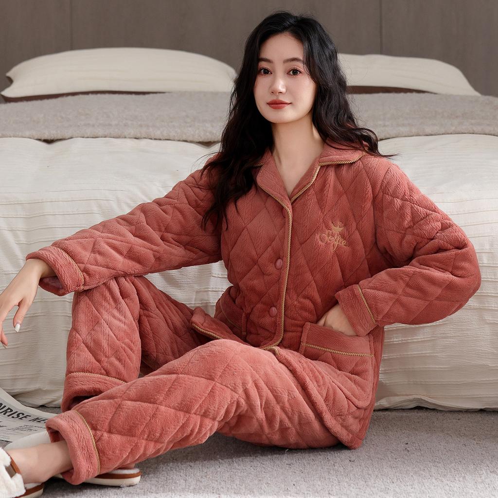 [Super thick] Three-layer padded couple pajamas women's winter thickened and velvet suit warm men's padded jacket loungewear