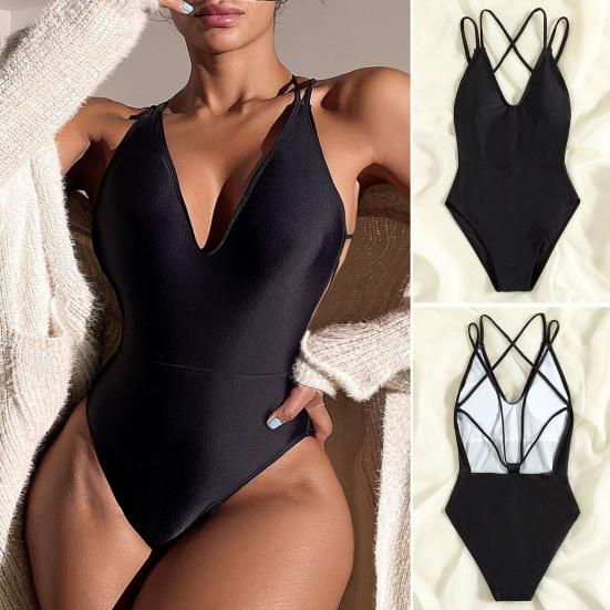

Купальный костюм с открытой спиной, сексуальный, чистый цвет, цельный, летний, женский бикини S чёрный