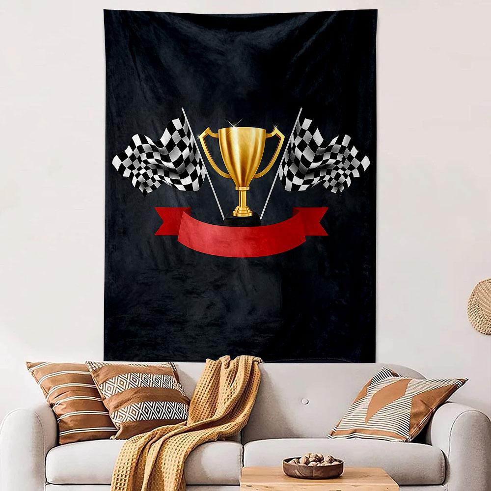 Golden Trophy Cup Checkered Racing Flags Wall Tapestry Champion Winner Motorsport Art Decor for Garage Man Cave