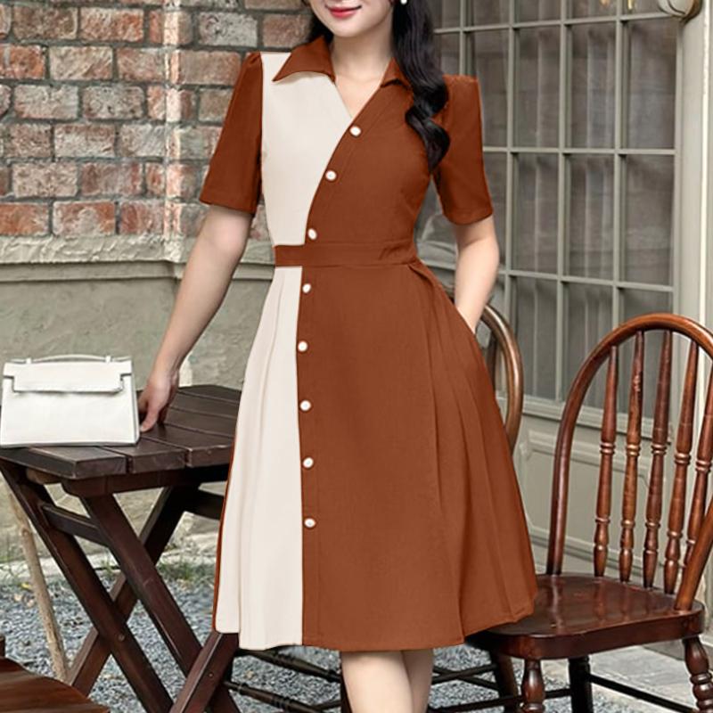 

ZANZEA Женское повседневное платье с отложным воротником и короткими рукавами в стиле пэчворк M