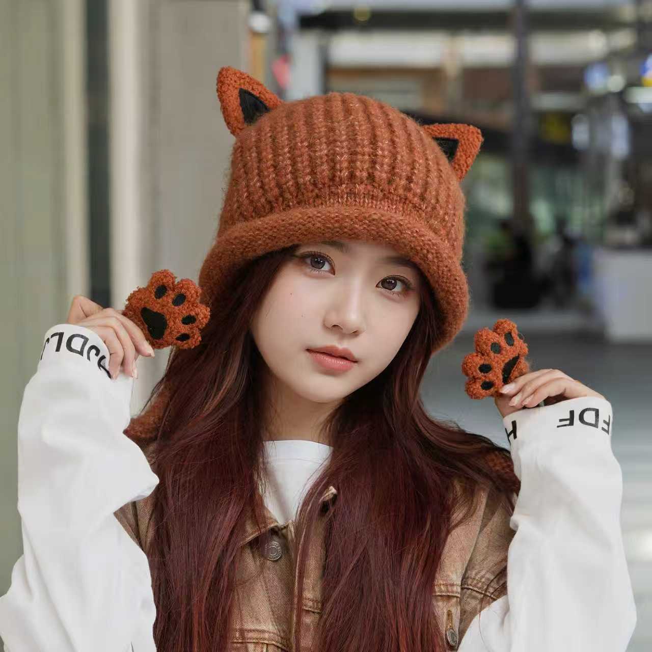 

New cat ear knitted wool hat women s autumn and winter cold and warm ear protection hat casual versatile cute cat claw big head circumference One size