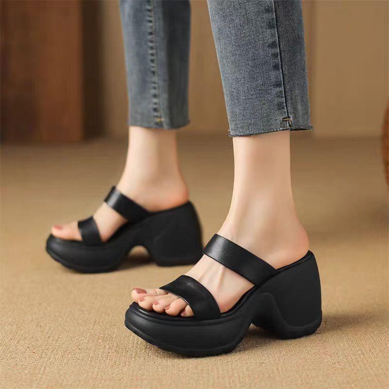

Модные женские шлепанцы на платформе, туфли на высоком каблуке, трендовые новые летние сандалии, дизайнерские 2025, для платья, вечеринки, с ремешком на пятке, женские шлепанцы, Mujer 35 чёрный