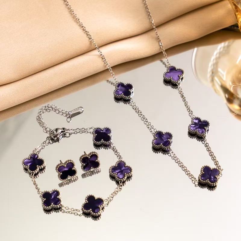 3PCS Titanium Steel Double-sided Clover Necklace Bracelet Earring Set