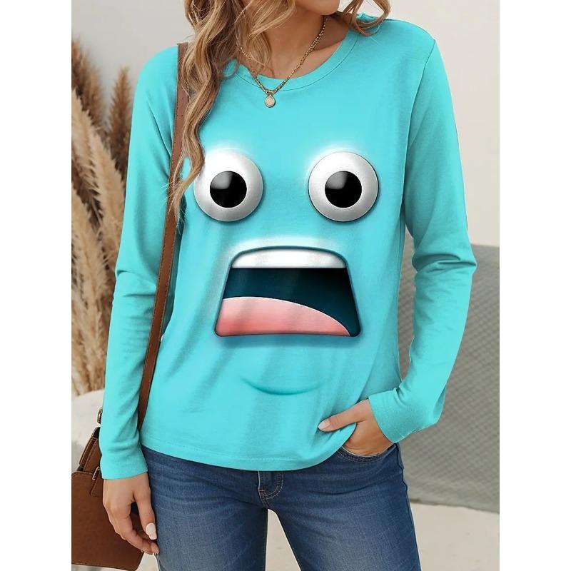 3D Lustiges Gesicht Grafik Bedrucktes Oberteil Lässige Langarm Damen T-Shirts - Weicher Mitteldehnbarer Polyesterstoff Frühling und Herbst Relaxed Fit Kleidung