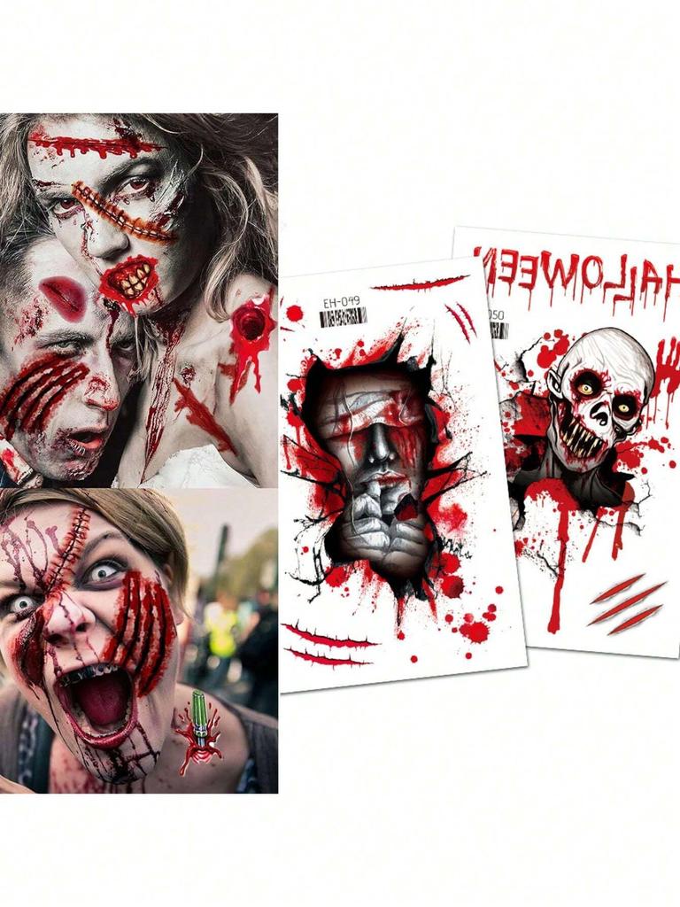 2/6pcs Hallween Horror Tattoo Sticker Realistic Fake Bloody Wound Stitch Scar Scab Masquerade Prank Makeup Props