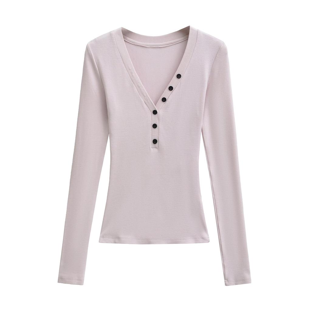 Spicy Lazy Girl V-neck Button Long Sleeve Women's Autumn/Winter Base Layer Elastic Fit T-shirt