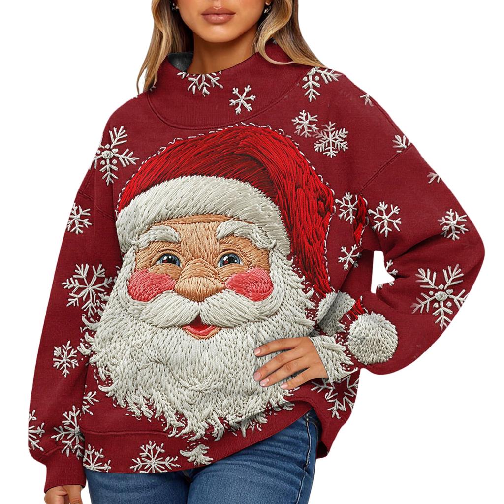 Ladies' Fashionable Christmas Printed Long Sleeved High Neck Sweatshirt Top