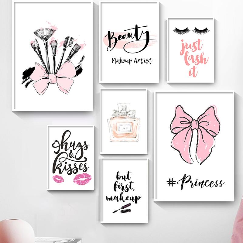 

Макияж Леди Лицо Духи Кисть Для Ресниц Холст Плакат Бантом Принт Живопись Губы Стены Искусства Современные Картины Для Девочек Декор Комнаты