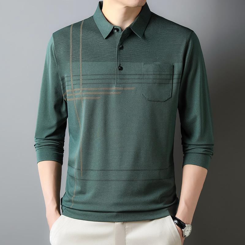 Autumn Men's Long-sleeved Thin Tops Bottoming Shirts for Young and Middle-aged Men with Lapels and Real Pockets Casual Dad T-shirts for Men