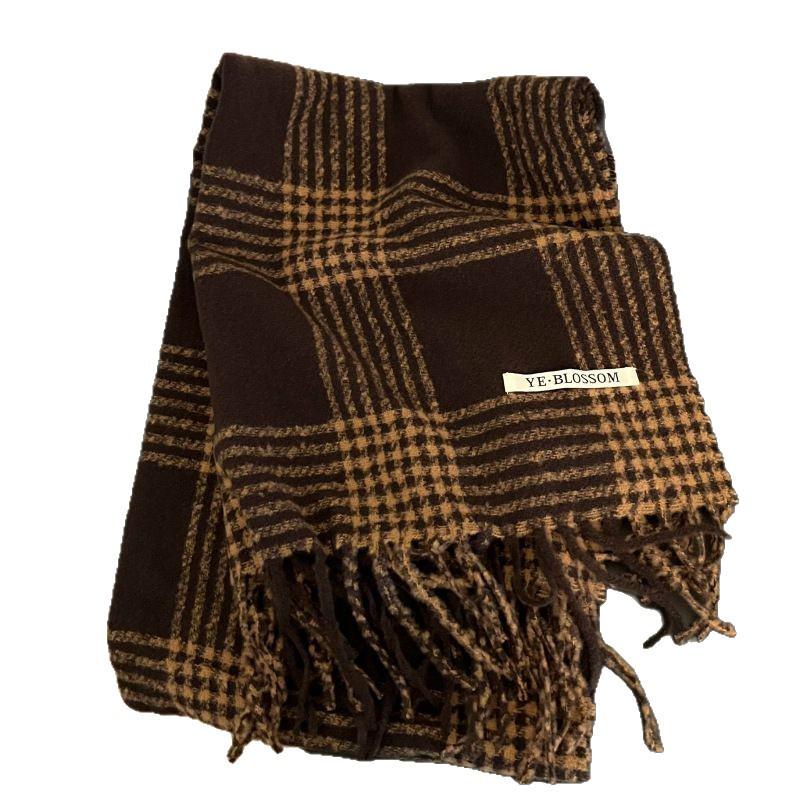 Blue Plaid Tassel Scarf: Versatile Warm Neck Warmer for Women & Couples - Autumn/Winter 2025