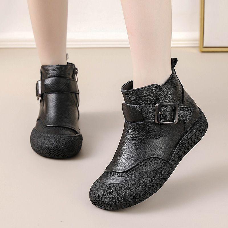 2026 New Women's Ankle Boots Retro Lace-up Round Toe Flat Shoes Female Warm Non-slip Comfortable Mom Short Boots