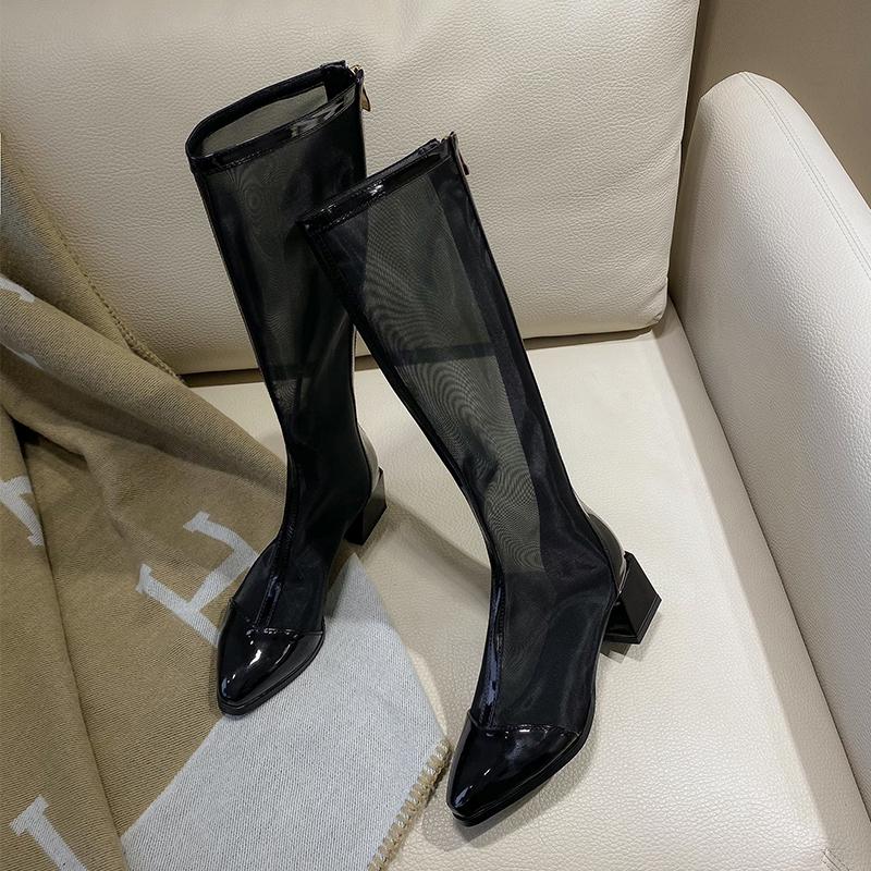 Women's high-heeled net boots spring and summer new thick-heeled large-size splicing cool boots