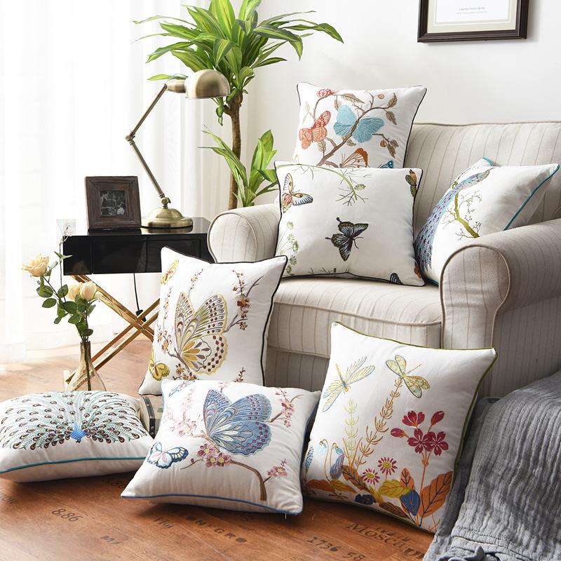 Butterfly Cushion Cover 45x45cm Floral Country Style Pillow Cover Cotton Embroidery Suqare Home Decoration for Living Room
