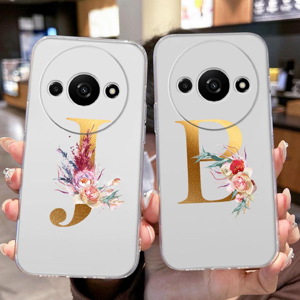 Phone Case For Xiaomi Redmi A3 Redmia3 Transparent Silicone Camera Protection Colorful Flowers Golden Letters A-Z Clear Cover