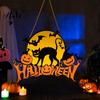 Waterproof Wood Porch Hanger Halloween Door Sign, Pumpkin And Black Cat Printed, with Hemp Fall Seasonal Sign Rope Lanyard, Decorative